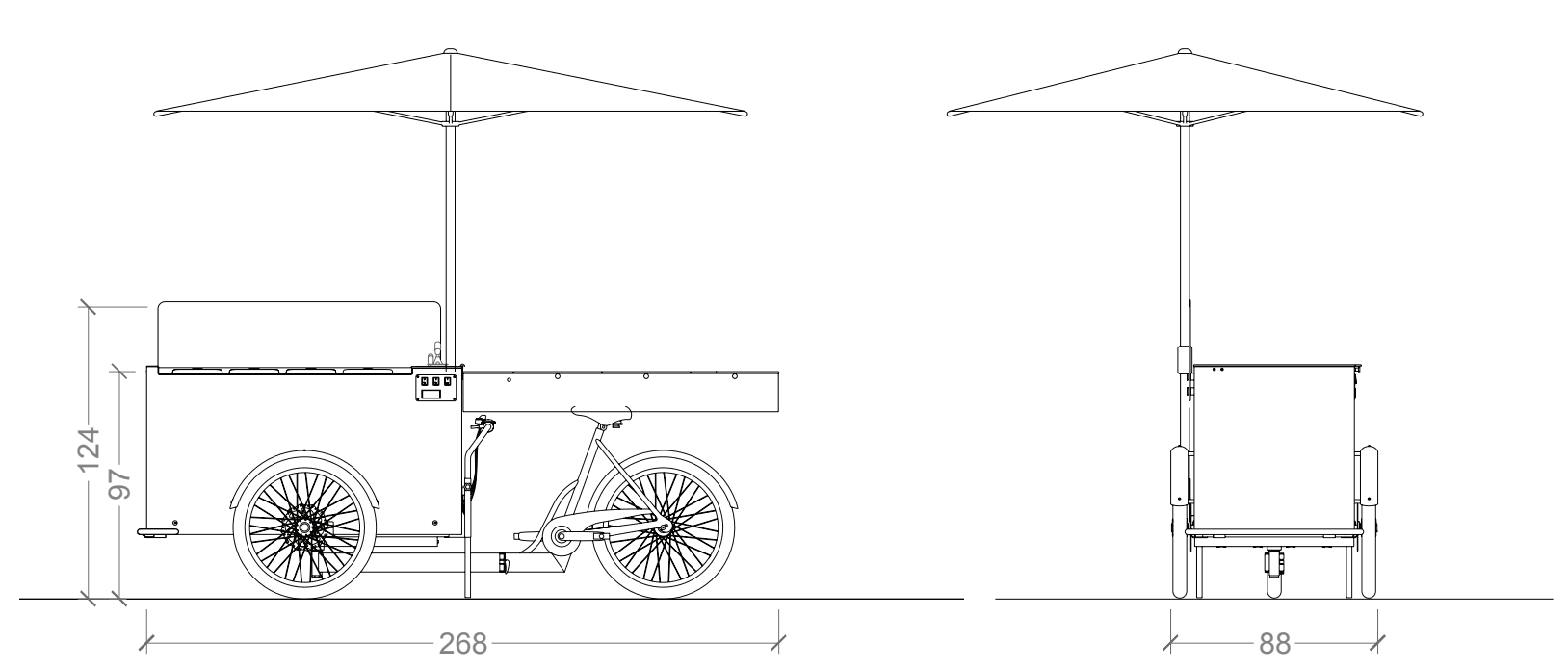Maßzeichnung des Katchi Bike: 268 cm lang, 88 cm breit, Theke 97 cm hoch