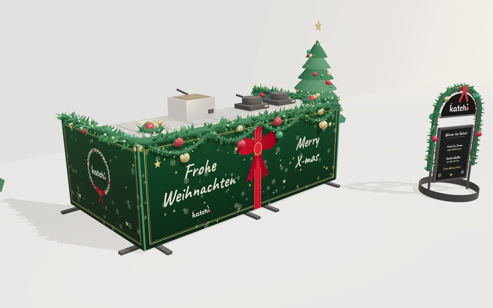 Rendering: Katchi Bike im Weihnachtslook mit Tannengirlanden, Kugeln und Aufsteller