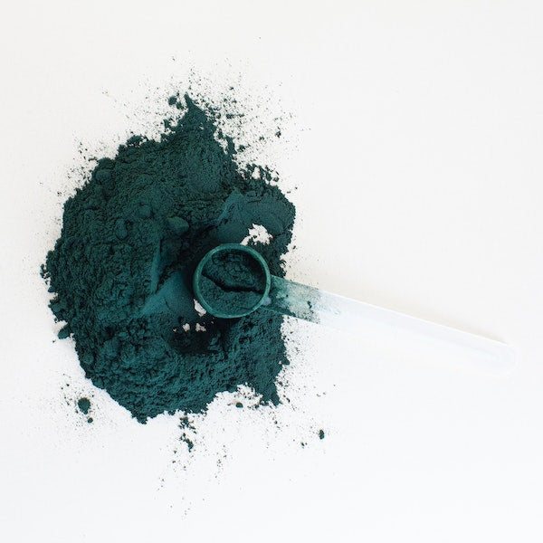 Blaugrünes Spirulina-Pulver mit Messlöffel